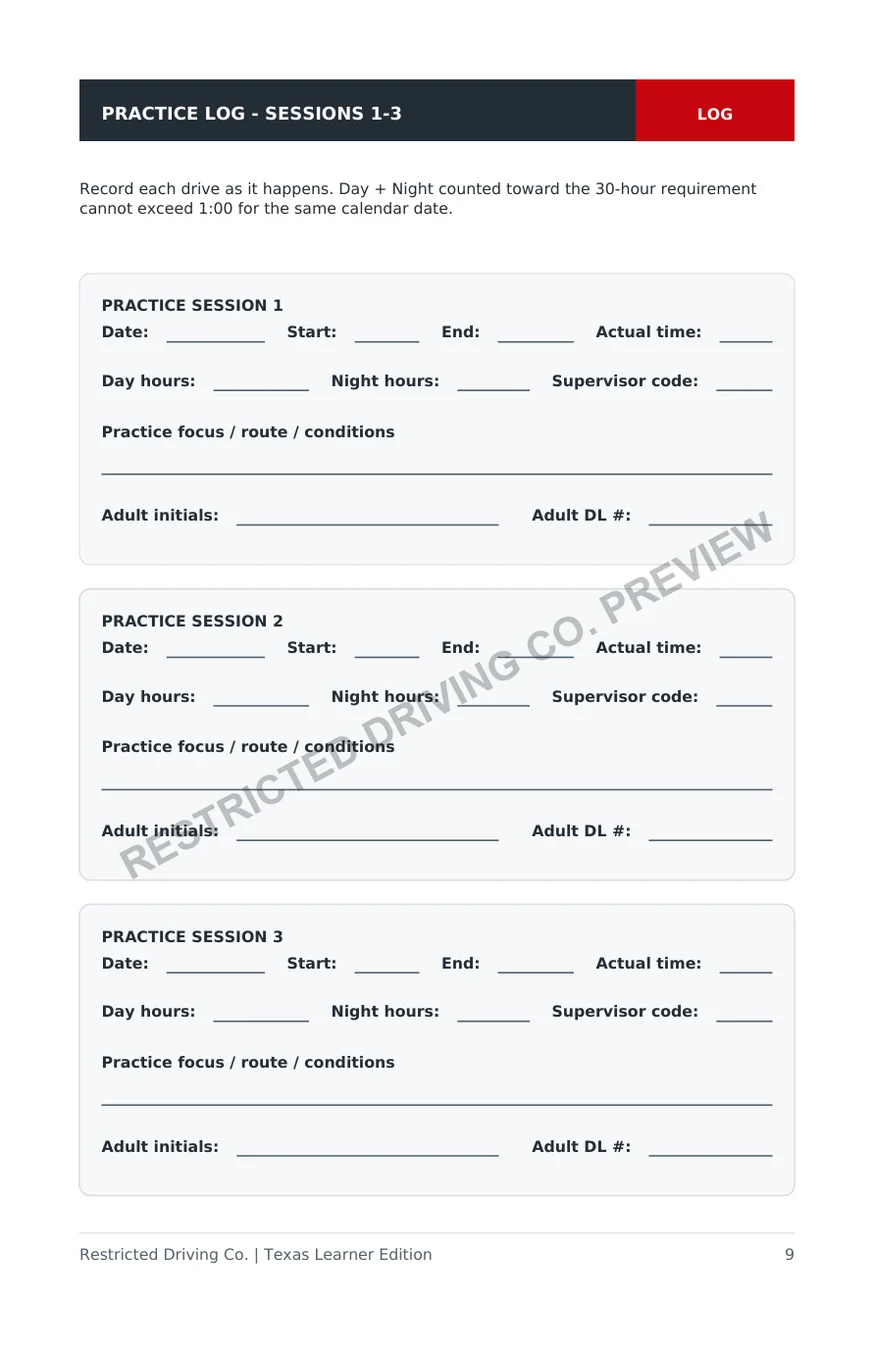 Watermarked Texas learner practice-session log page