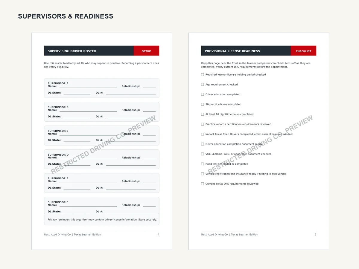 Watermarked supervising-driver roster and provisional-license readiness pages