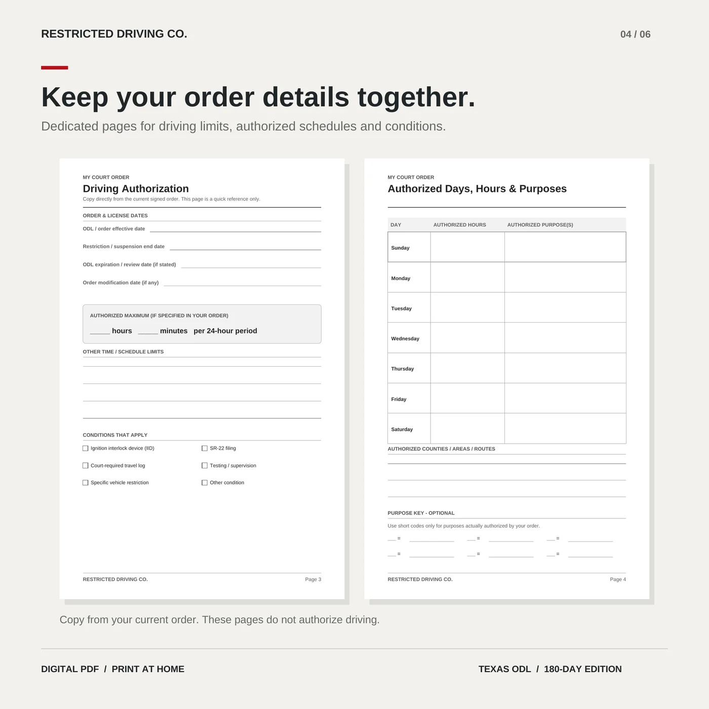 Driving authorization organizer page